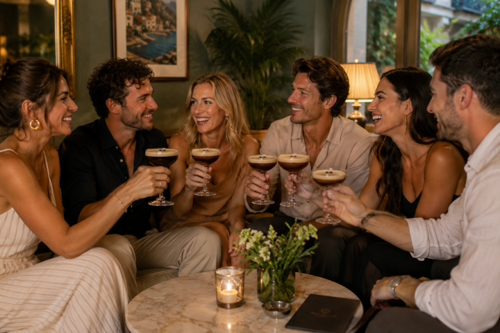 Group of smiling people toasting with drinks around a table.