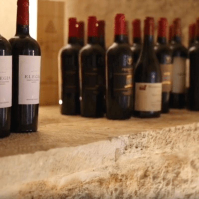 Row of wine bottles with red caps on a stone shelf in a wine cellar.